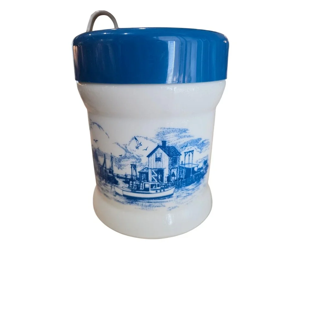 Dutch Delftware Blue Nautical Milk Glass‎  Jar W/LID Vintage Mint Condition Sea
